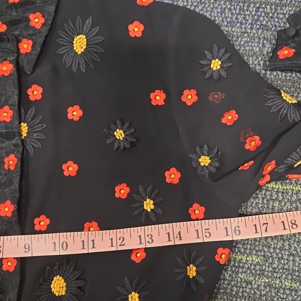 Alice + Olivia-"Enid" Floral Embroidered Appliqué Shirt Dress Black-Size XS - Picture 15 of 17
